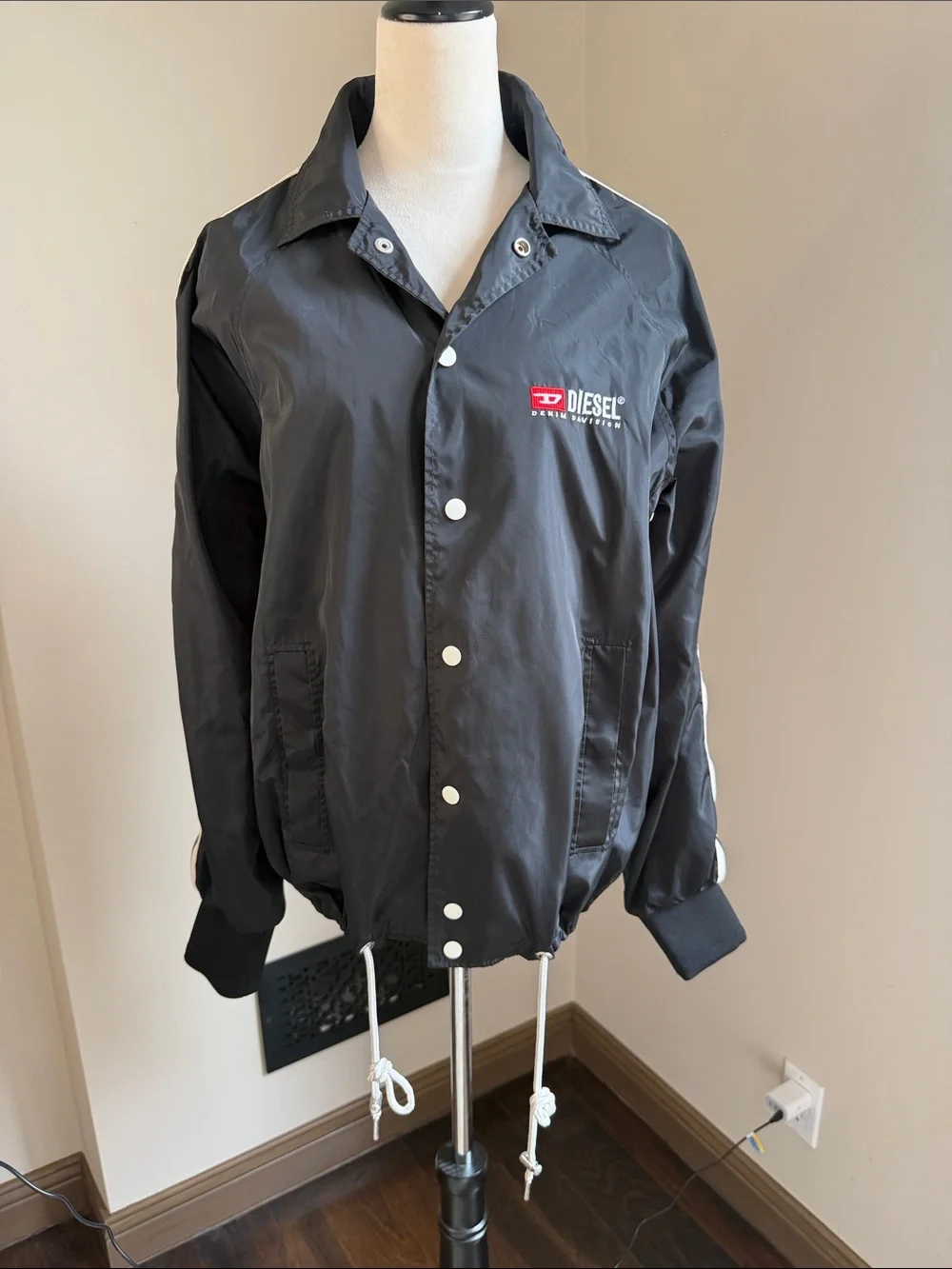 Diesel Black Windbreaker with White Snaps and Red Logo Medium Like New